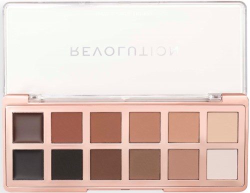 Een palette met negen tinten bruin, zwart en beige in een roze geval met spiegel.