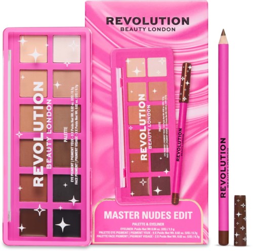 Revolution Beauty London master nudes edit øyeskyggepalett med nyanser av beige, brunt og svart og en rosa og svart eyeliner.
