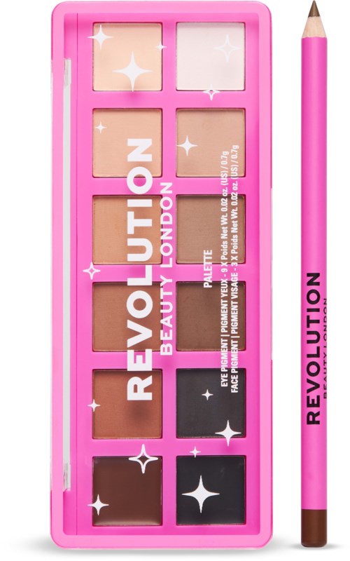 Rosa øyeskuggpalette med seks farger og en rosa makeupbørste, merkevaren heter Revolution Beauty London.