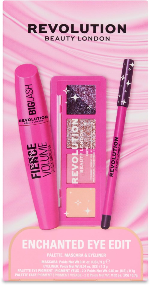 Revolution Beauty London Enchanted Eye Edit-palett og rosa mascara og eyeliner på rosa bakgrunn.