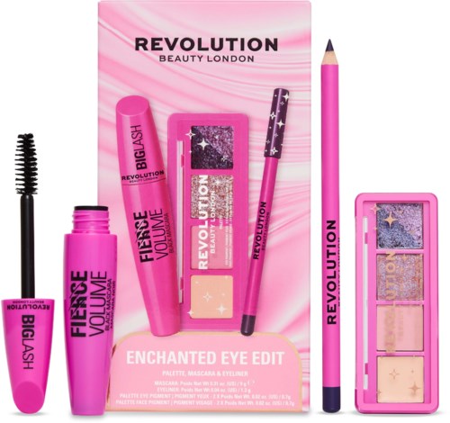 Rosa sminksett med mascara, lip gloss, øyeskygger og en rouge-palett med rosa blyant og øyebrusje.
