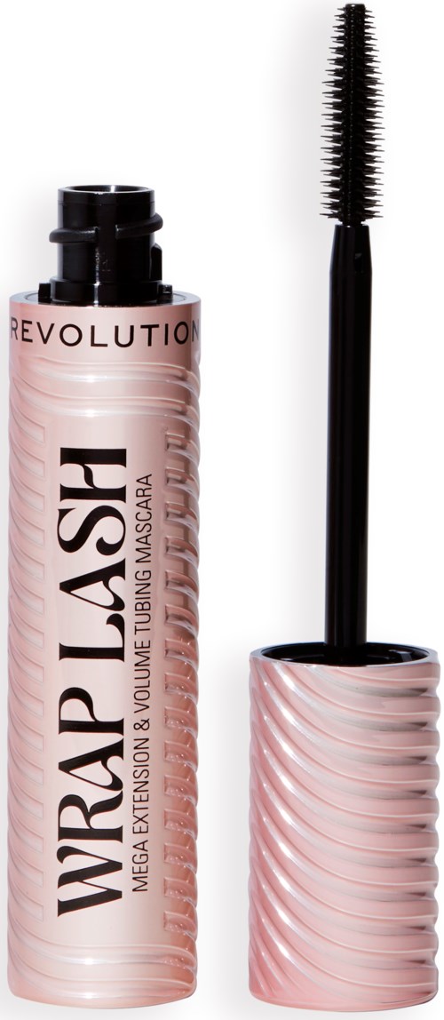Revolution WERABASH Mascara mit rosa gerilltem Behälter und schwarzer Bürste.