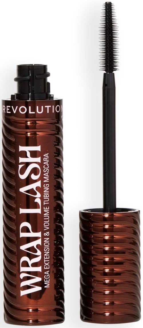 Ein Mascara-Flasche mit Spiral-Design, Etikett sagt 'Mega Extension & Volume Tubing Mascara'. Bürste mit einer Bürste.