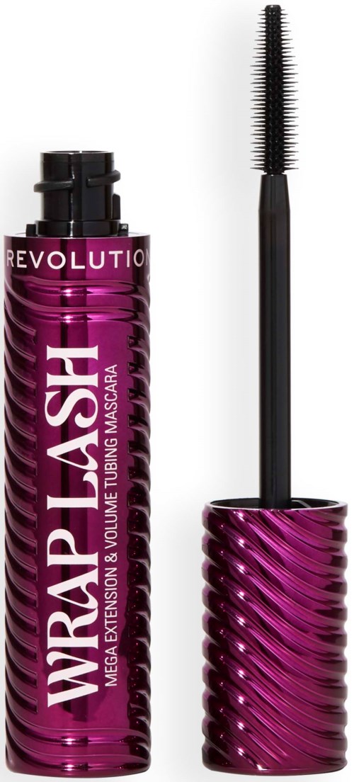 Eine lila Mascara-Flasche mit Spiralmuster und einem Bürstchen.