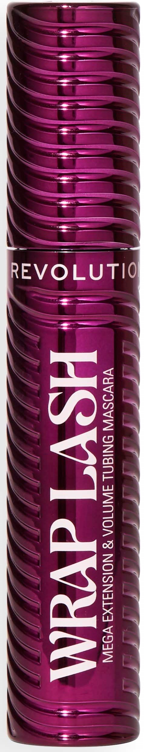Mascara-Tube mit lila und silbernen Streifen, beschriftet "Revolution Waterproof" und "Mega Extension and Volume Mascara."