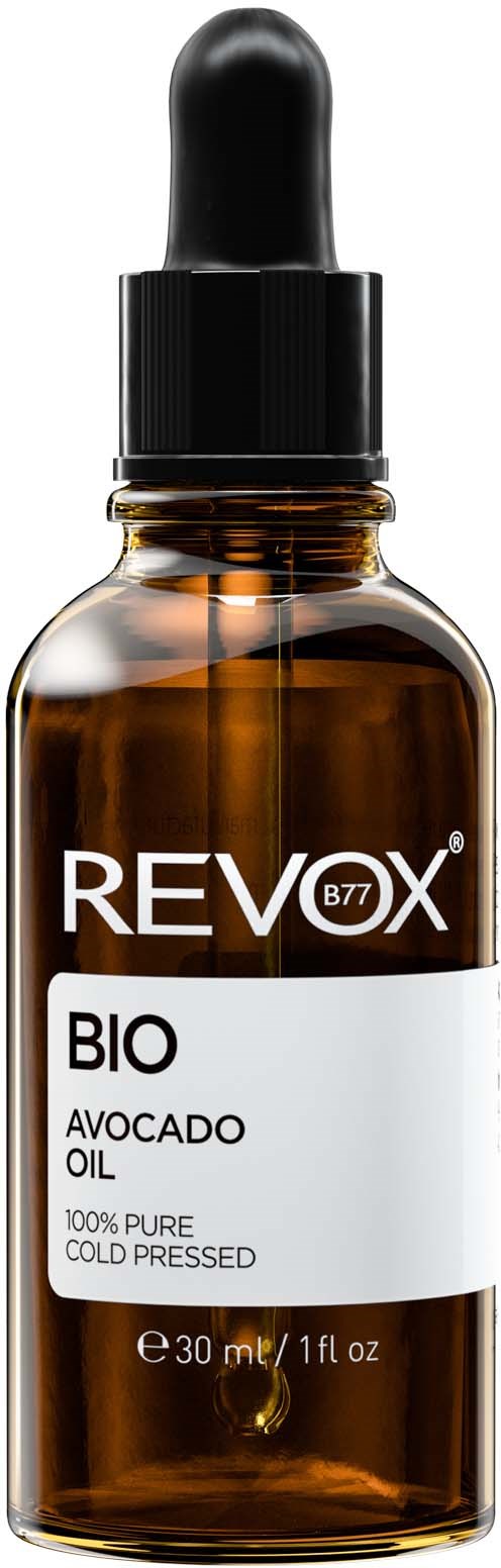 Donkere glazen fles met druppelaar. Etiket zegt Revox Bio Avocado Oil, 100% puur, koudgeperst, 30 ml.