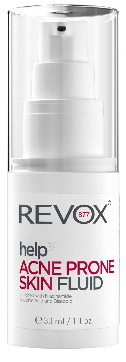 Witte pompflacon met zwarte, roze en grijze tekst. Voor acne-gevoelige huid, bevat 30 ml vloeistof. Duidelijke dop.
