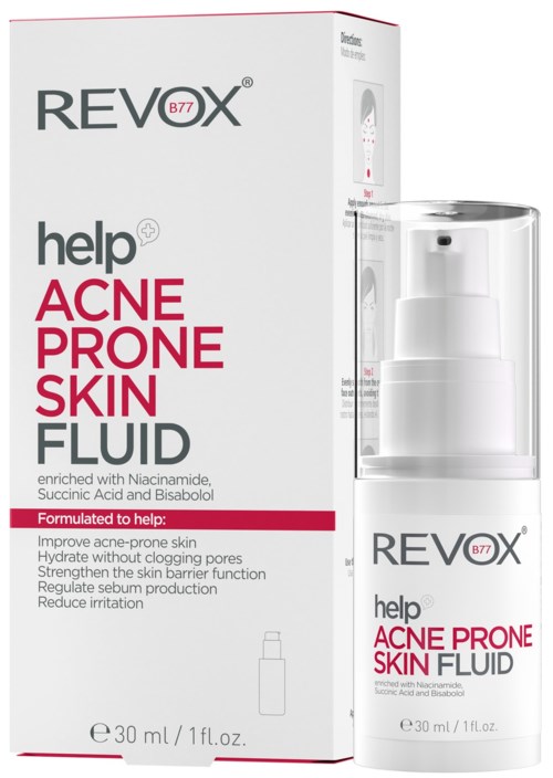 Een huidverzorgingsproduct tegen acne-gevoelige huid, met witte doos en pompflacon.