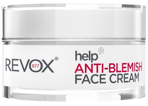 Kasvovoidepurkki, jossa lukee 'Revox B77 Help Anti-Blemish Face Cream', läpinäkyvä kansi ja yksinkertainen muotoilu.