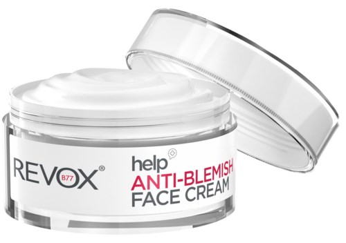 Valkoinen rasia, jossa on kansi, sisältää anti-blemish kasvovoiteen, jossa lukee "REVIX" ja "help anti-blemish face cream."