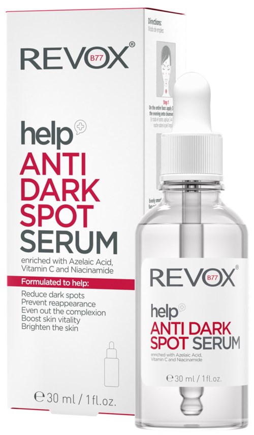 Flesje serum en de verpakking, beide bedoeld voor het behandelen van donkere vlekken, bevatten ingrediënten zoals azelainzuur en vitamine C.