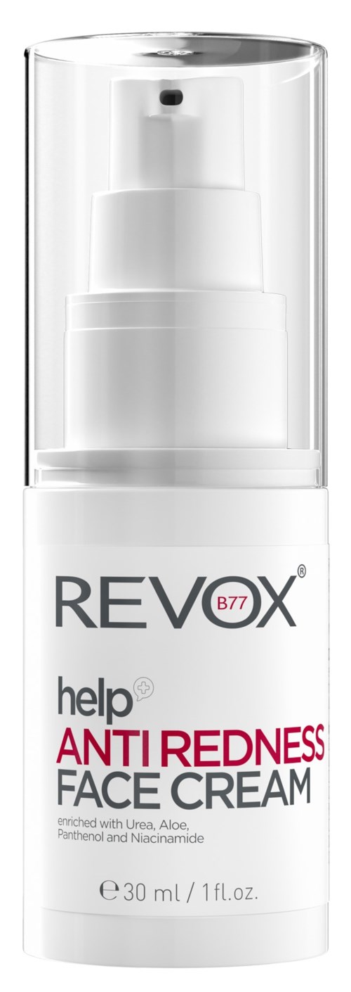 Valkoinen pullo, jossa on pumppu, merkitty Revox help anti-Redness kasvovoidetta, sisältää ainesosia ja läpinäkyvän korkin.