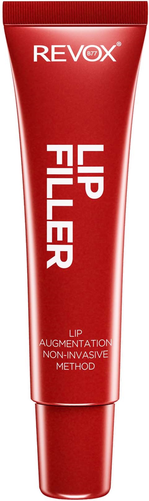 Rode tube met witte tekst, gelabeld 'Revox Lip Filler' en vermeldt een niet-invasieve methode.