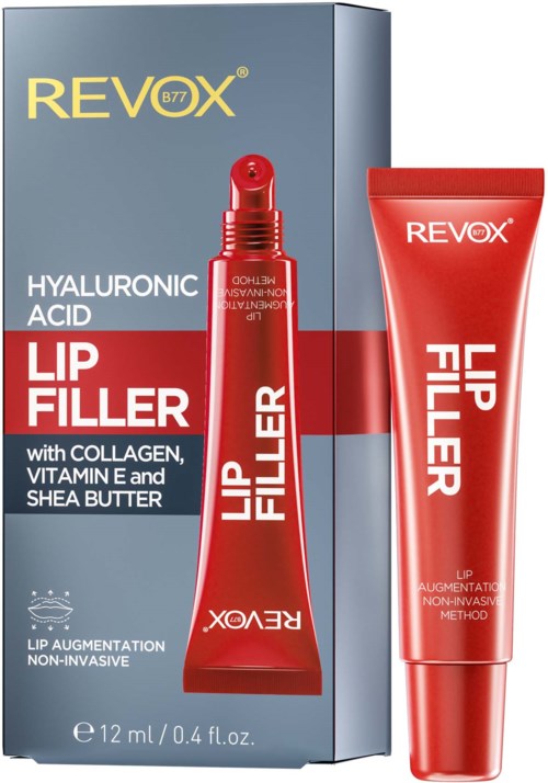 Lippenvuller met hyaluronzuur, collageen, vitamine E en sheaboter, inclusief doos en tube, beweert niet-invasieve vergroting.