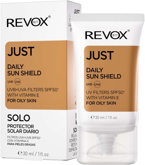 Een tube zonnebrandcrème en een doos met tekst over UV-bescherming, vitamine E en vette huid. De tube is wit en bruin.