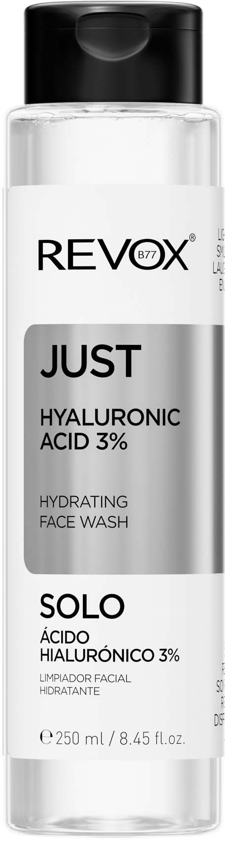 Duidelijke fles gezichtswash met zwarte dop, label 'Revox Just Hyaluronic Acid 3% Hydrating Face Wash'.