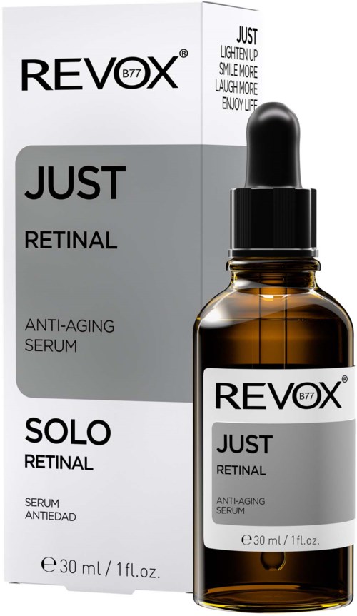 Anti-aging retinol serum van Revox, 30 ml, in een bruin glazen fles met pipet. Doos toont productdetails.