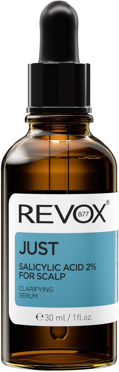 En liten brun glassflaske med svart pipettekork, merket 'REVEX JUST' for hodebunnsbehandling med salisylsyre.