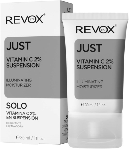 En förpackning och tub med Revox C-vitamin 2% suspension, en ljusgivande fuktkräm, med textetiketter.