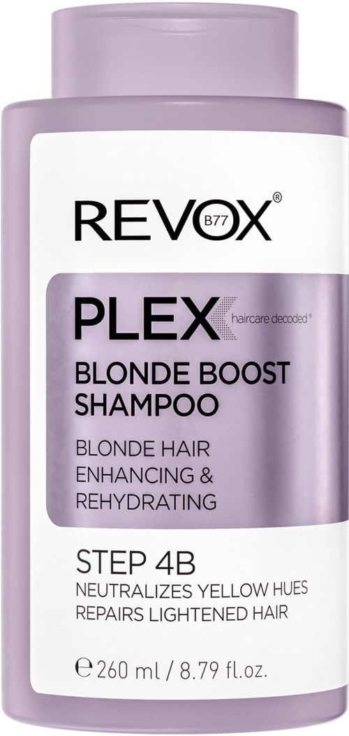 Een paarse en witte fles met 'REVOLUX' en 'Plex Blonde Boost Shampoo' voor het verbeteren en herstellen van blond haar.
