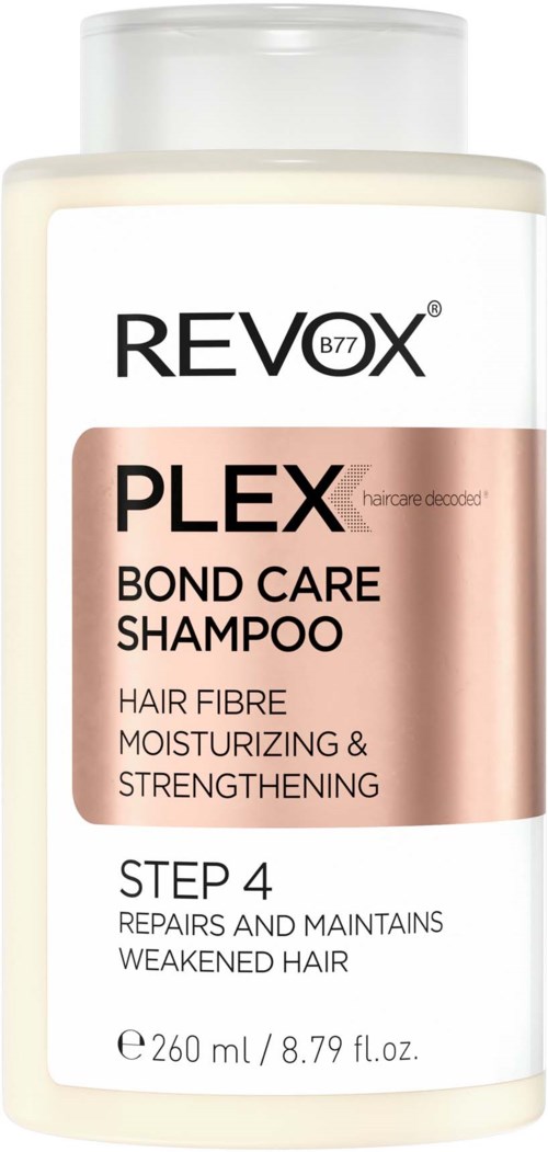 Een shampoo fles met label 'REVOX PLEX Bond Care Shampoo' voor het repareren en versterken van beschadigd haar.