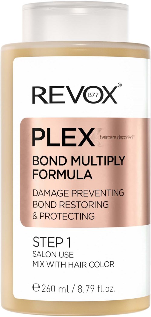 Een fles met 'REVON PLEX' voor haarbehandeling, met instructies voor salongebruik en mengen met haarkleur.