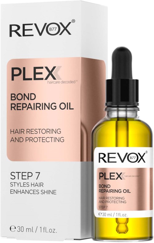 Een doos en fles Revox Plex bindende herstellende olie voor haar, bedoeld om te herstellen, beschermen en glans te verbeteren.