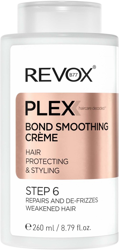 Een witte fles Revlon Plex Bond Smoothing Cream voor het herstellen en stylen van haar, vooral beschadigd haar. Het noemt Stap 6.
