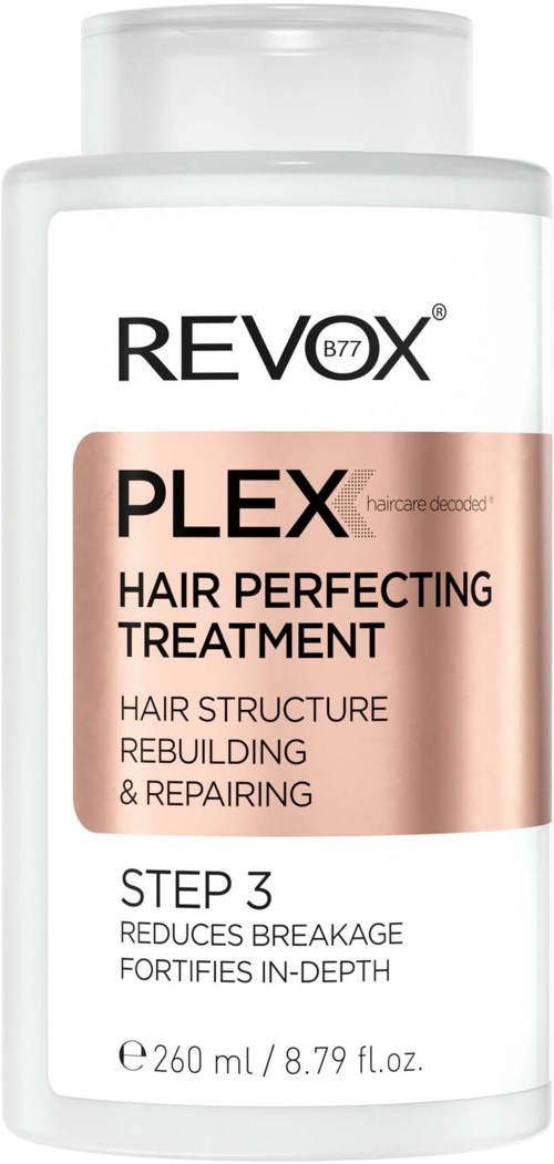 Een witte fles met een label voor Revox Plex haarbehandeling, vermeldt opbouw en reparatie van haar. Het is stap 3.