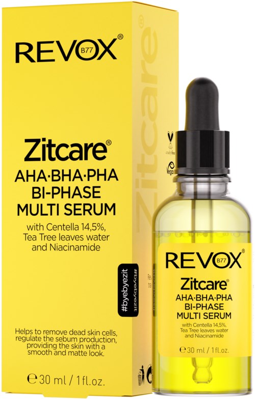 A yellow box and a small glass bottle with a black dropper contain a skincare serum. The label shows it is Revox Zitcare with ingredients like AHA, BHA, PHA, Bi-Phase, tea leaves water, and Niacinamide.