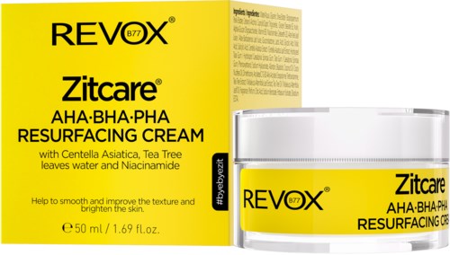 Det är en gul låda och burk av Revox Zitcare Resurfacing Cream med huvudingredienser och 50 ml storlek.