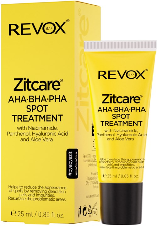 Gult eske og tube for Zitcare spot treatment med ingredienser som Niacinamide og Aloe Vera.