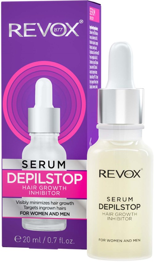 En låda och en liten flaska märkt Revox DepilStop serum för hårväxt, avsedda för både kvinnor och män.