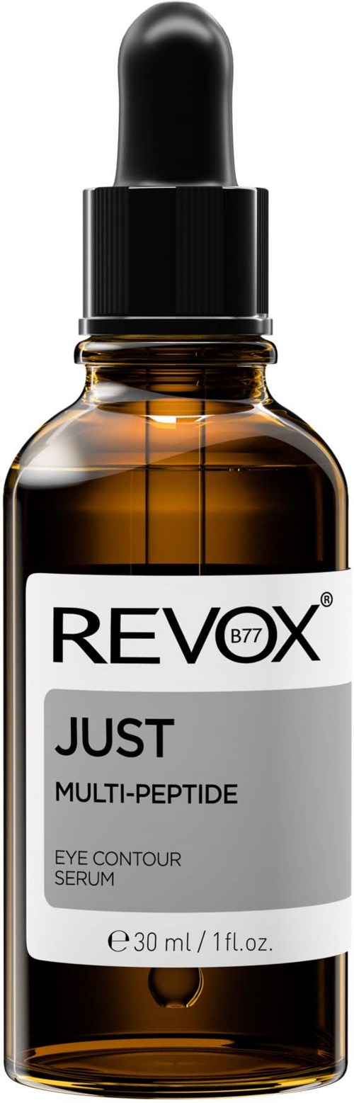 En liten brunglasflaska med svart dropplikapsel, märkt 'REVX JUST Multi-Peptide Eye Contour Serum' och innehåller 30 ml.