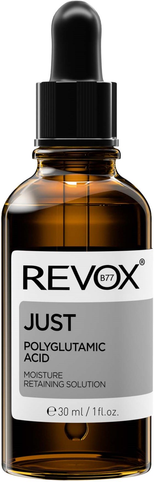 A brown glass bottle with a black dropper cap, labeled 'REVUX JUST Polyglutamic Acid Moisture Retaining Solution'.