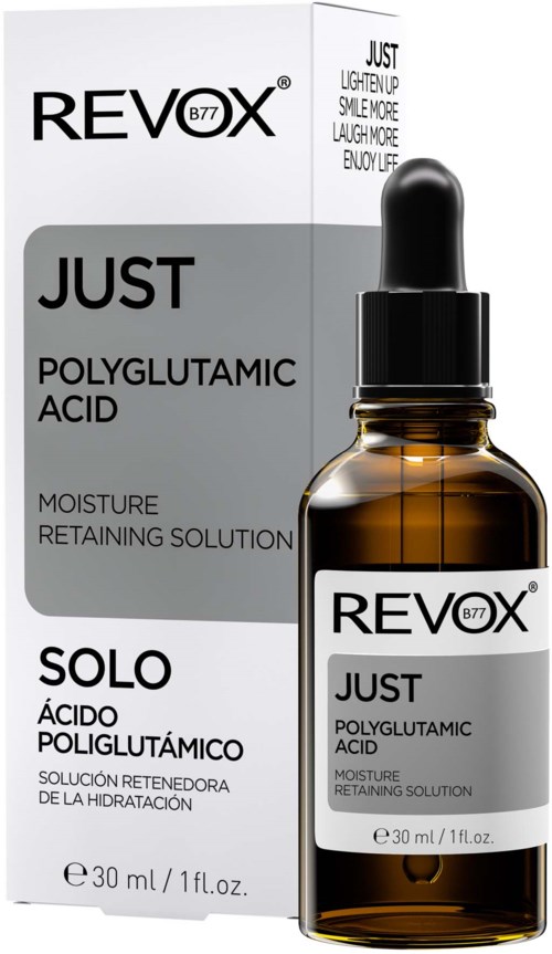 A brown glass bottle with a black dropper cap, labeled Revox Just Polyglutamic Acid moisturizer solution, next to its box.