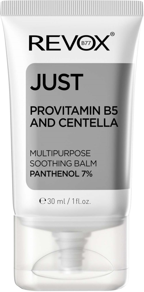 Tube of soothing balm with text about Vitamin B5, Centella, Panthenol, and RevoX brand.