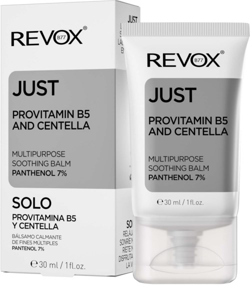 A box and tube of Revox Just balm with black, gray, and white packaging, labeled as calming and soothing with B5 and Centella.