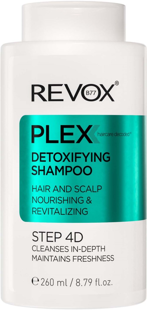 Een witte fles Revox Plex Detoxifying Shampoo met een blauwe label, bedoeld voor haar- en hoofdhuidverzorging en revitalisatie.