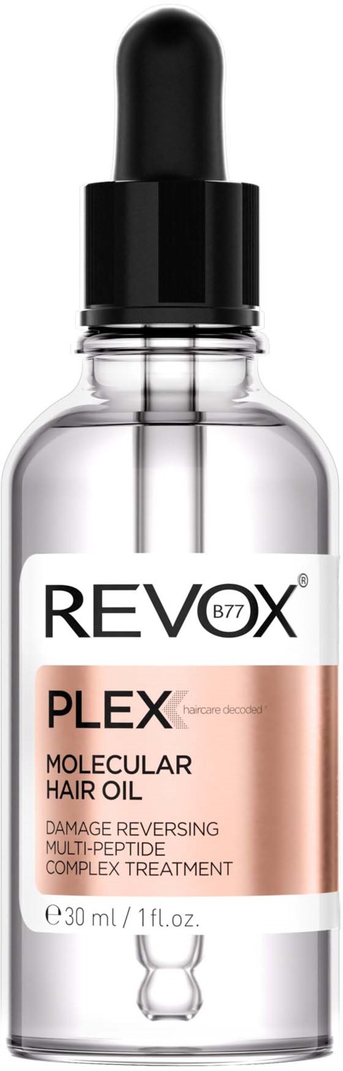 Een klein doorzichtig flesje met een zwarte pipethouder, gelabeld Revox Plex Molecular Hair Oil, bevat haarverzorgingsolie.