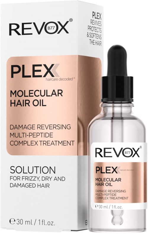 Een doos en fles Revex Plex moleculaire haarolie voor beschadigd, kroes en droog haar.