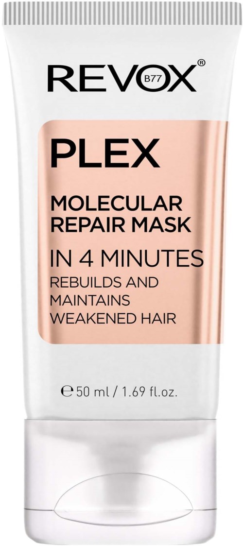 Een witte tube met roze en zwart label voor Revex Plex haarreparatiemasker, benadrukt snelle reparatie in vier minuten.