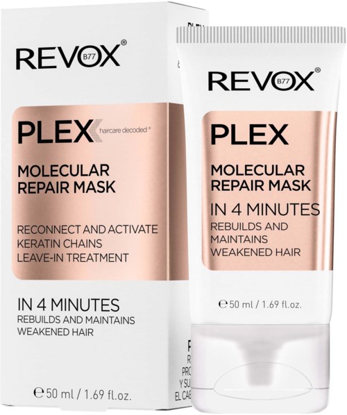 Twee tubes haarherstellingsmasker met witte en perzikachtige verpakking, gemarkeerd 'REVORX' en 'PLEX'.