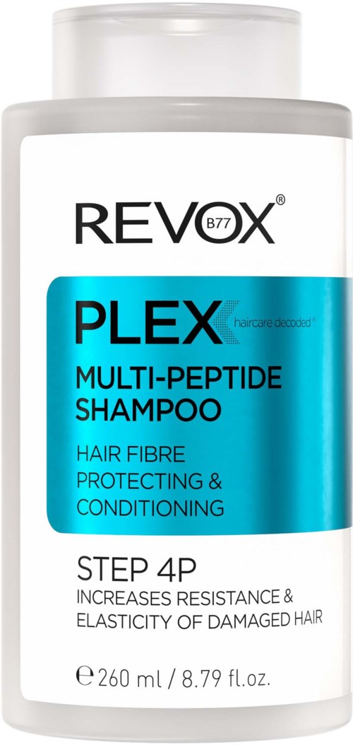 Een witte shampoefles met een blauwe label. Het label zegt Revox Plex Multi-Peptide Shampoo voor haardoelbescherming.