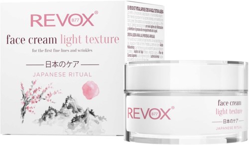 Revox gezichtscrème met lichte textuur, voor fijne lijntjes en rimpels, Japanse ritueelthema.