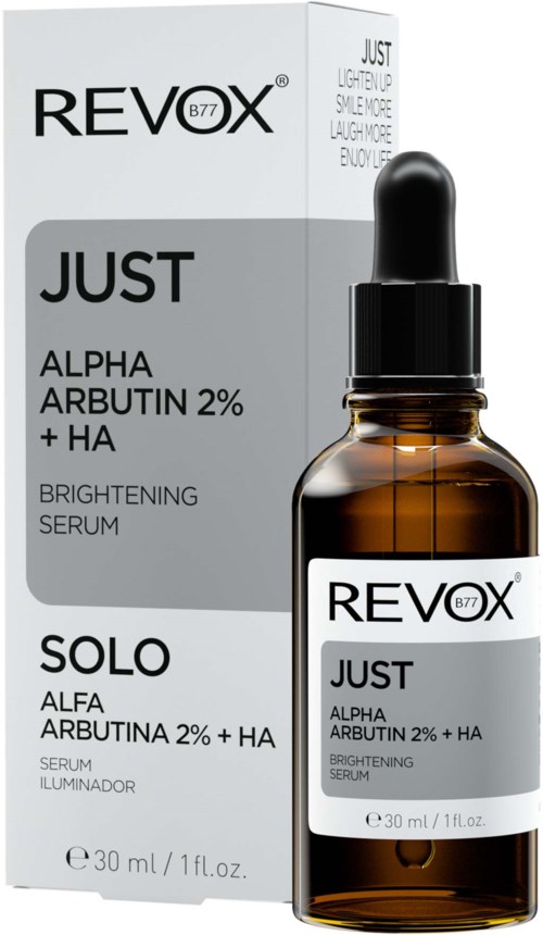 De afbeelding toont een kleine bruine fles met druppelaar en de doos. Beide tonen labels voor een verhelderend serum.