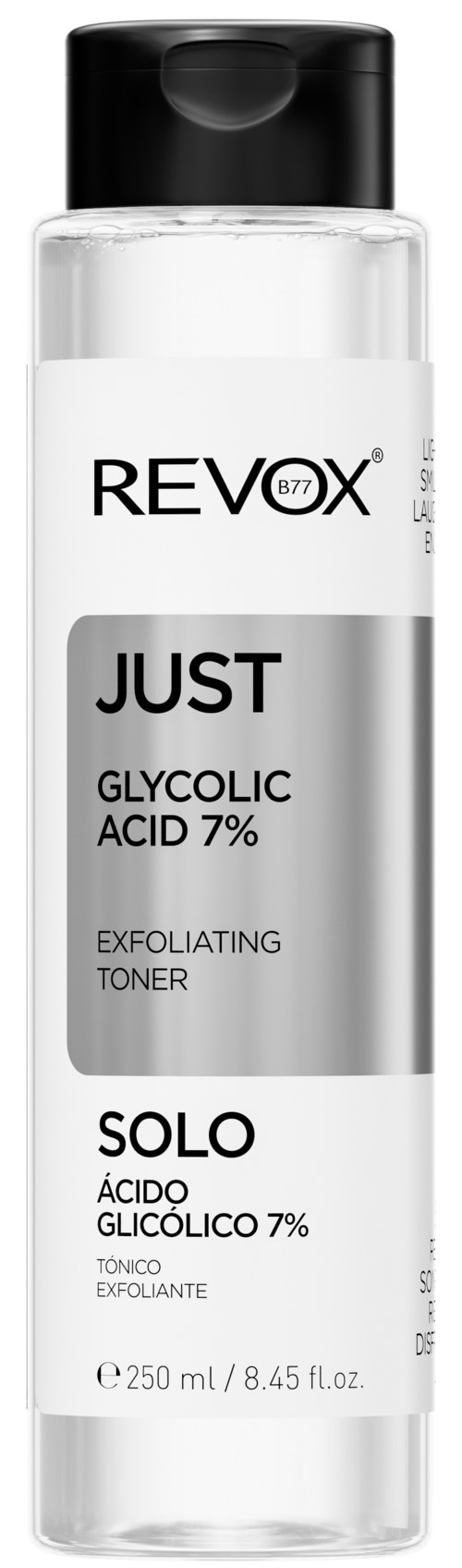 Läpinäkyvä pullo mustalla korkilla, etiketti näyttää 'REVEX JUST Glycolic Acid 7%', kuorintasovide, 250 ml.