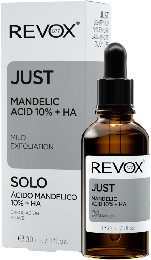 Een huidverzorgingsproduct met druppelaar in een kleine amberkleurige fles en een doos. Het label zegt dat het voor milde exfoliatie is.