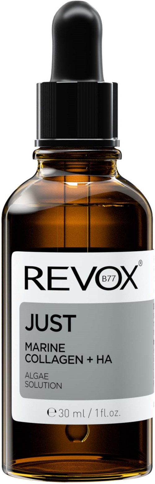Een klein bruin glazen fles met een zwarte druppelaardop, labeled "REVOLX" en "JUST Marine Collagen + HA."