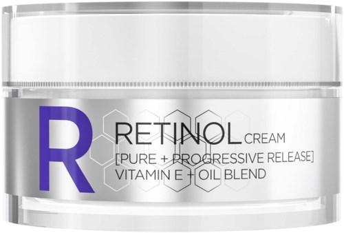 Een witte pot Retinol-crème met paarse en zwarte tekst, bedoeld voor de huid, bevat vitamine E en olie.